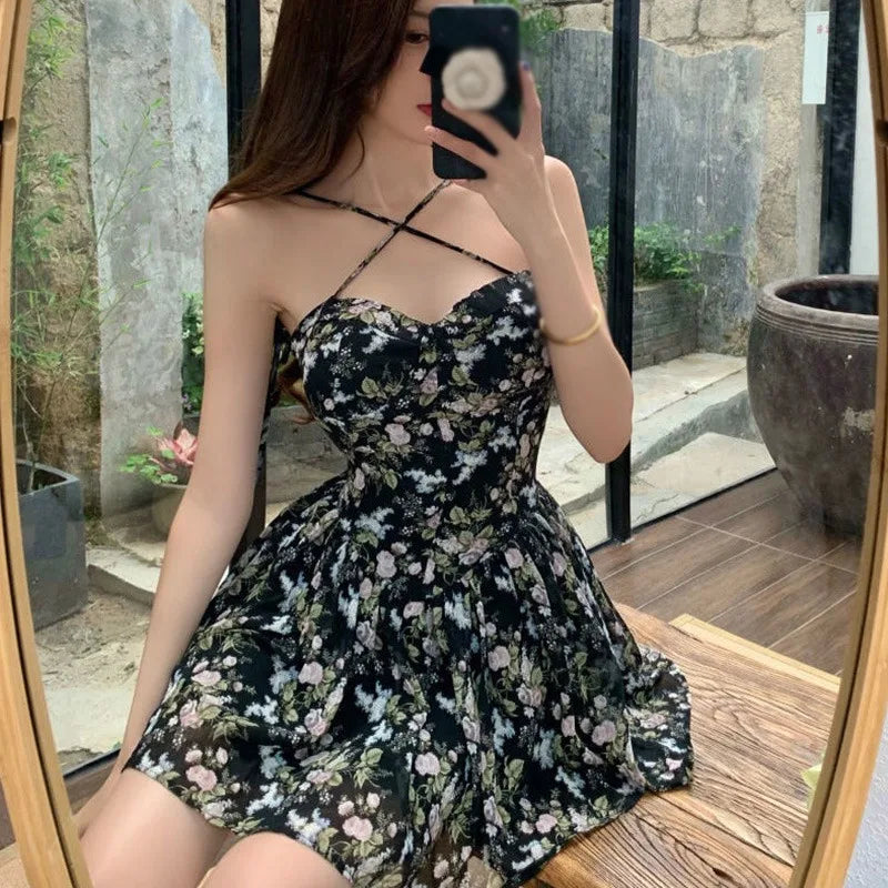 Floral Print Sweetheart Neckline Flared Dress