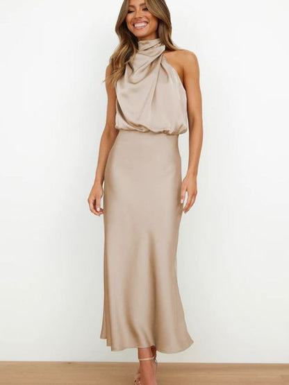 Women's Midi Dress - Satin Finish - Halter Neck Draped Elegant A-Line Fit