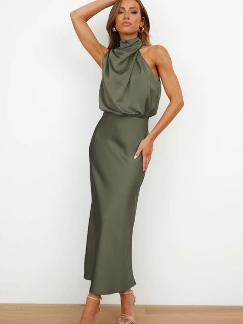 Women's Midi Dress - Satin Finish - Halter Neck Draped Elegant A-Line Fit