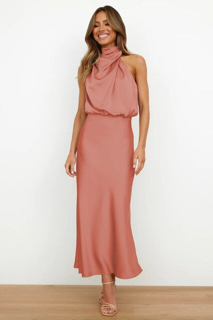 Women's Midi Dress - Satin Finish - Halter Neck Draped Elegant A-Line Fit