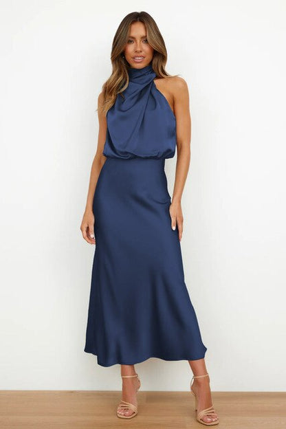 Women's Midi Dress - Satin Finish - Halter Neck Draped Elegant A-Line Fit