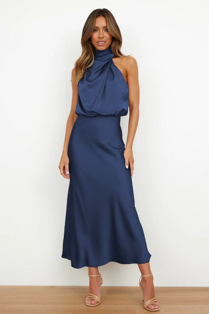 Satin Finish Halter Neck Midi Dress