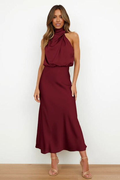 Women's Midi Dress - Satin Finish - Halter Neck Draped Elegant A-Line Fit