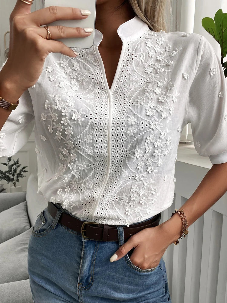 Women's Blouse - Floral Embroidery - Mandarin Collar - Button-Down Relaxed Fit