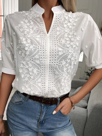 Women's Blouse - Floral Embroidery - Mandarin Collar - Button-Down Relaxed Fit