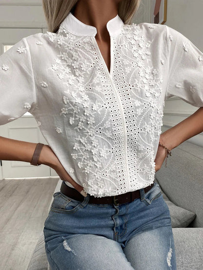 Women's Blouse - Floral Embroidery - Mandarin Collar - Button-Down Relaxed Fit