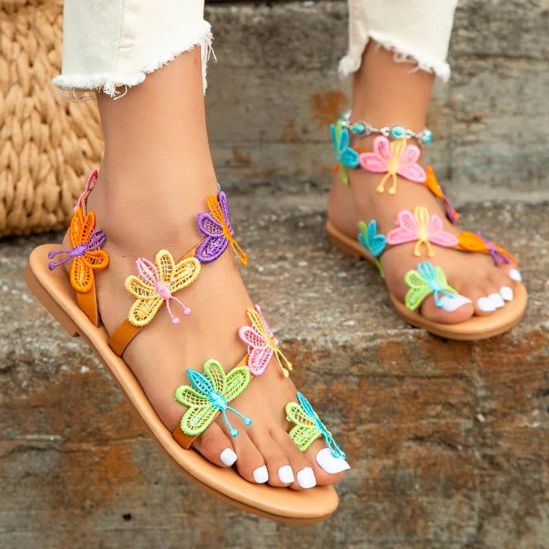 Women's Flat Sandals - Crochet Butterfly Design - Open Toe Thong Strap Casual Wear