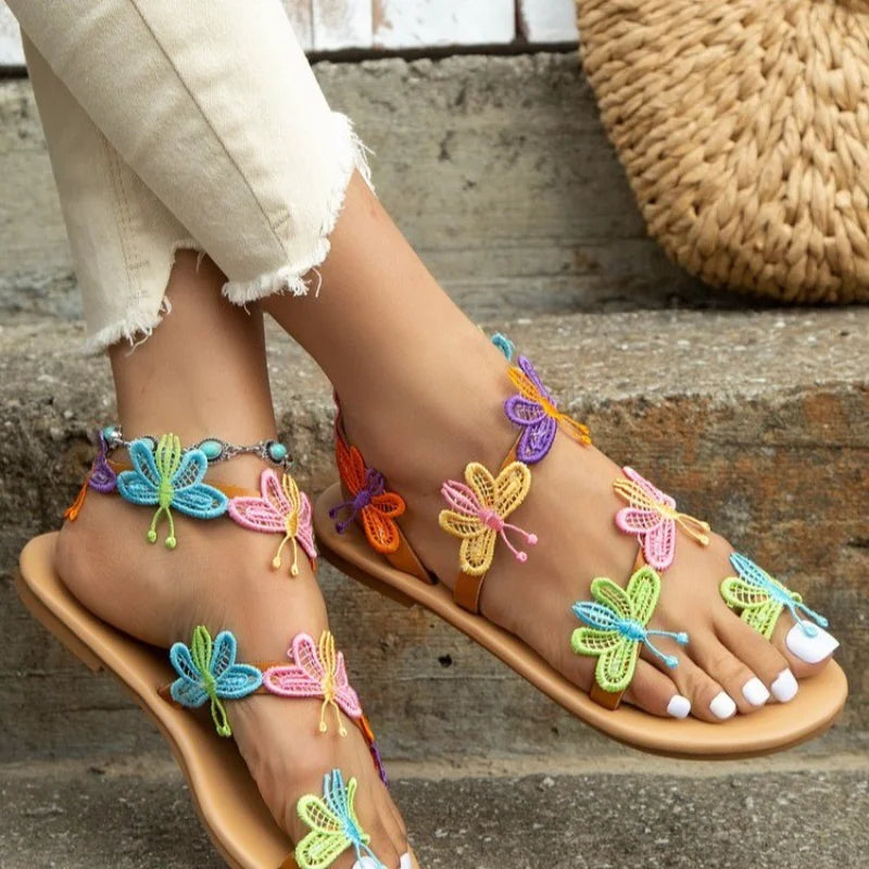 Women's Flat Sandals - Crochet Butterfly Design - Open Toe Thong Strap Casual Wear