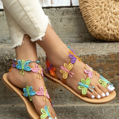 Women's Flat Sandals - Crochet Butterfly Design - Open Toe Thong Strap Casual Wear