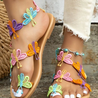Women's Flat Sandals - Crochet Butterfly Design - Open Toe Thong Strap Casual Wear