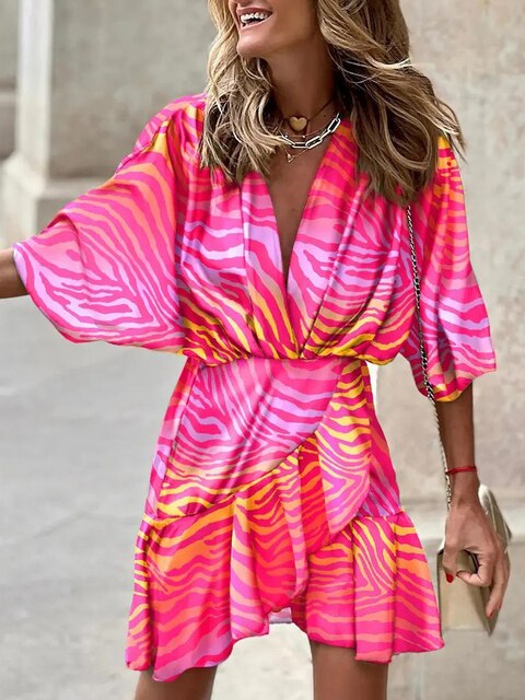 Women's Boho Dress - V-Neck A-Line - Puff Sleeve Flowy Lightweight Casual Wear