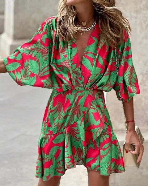 Women's Boho Dress - V-Neck A-Line - Puff Sleeve Flowy Lightweight Casual Wear