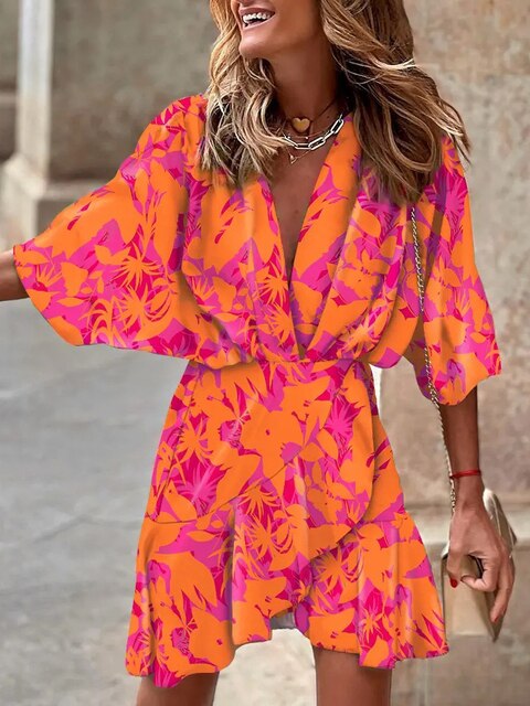Women's Boho Dress - V-Neck A-Line - Puff Sleeve Flowy Lightweight Casual Wear