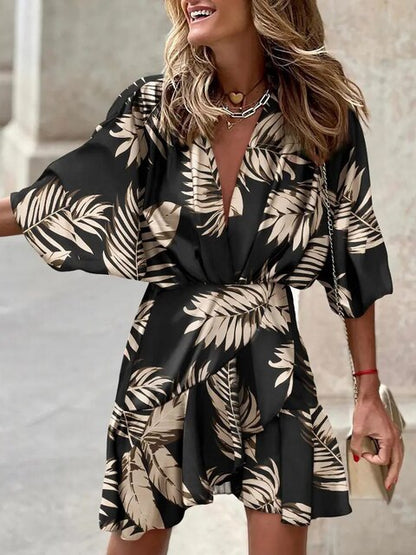 Women's Boho Dress - V-Neck A-Line - Puff Sleeve Flowy Lightweight Casual Wear