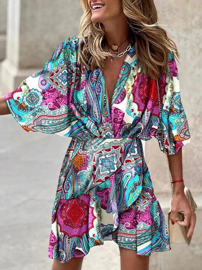 Women's Boho Dress - V-Neck A-Line - Puff Sleeve Flowy Lightweight Casual Wear