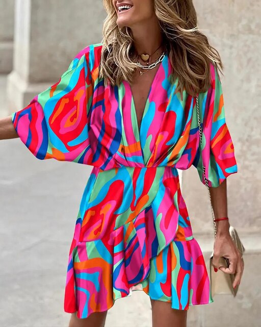 Women's Boho Dress - V-Neck A-Line - Puff Sleeve Flowy Lightweight Casual Wear