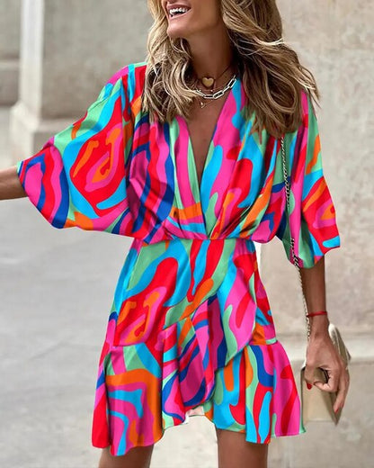 Women's Boho Dress - V-Neck A-Line - Puff Sleeve Flowy Lightweight Casual Wear