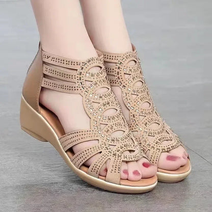 Women’s Wedge Sandals - Open Toe - Cut-Out Design - Back Zipper - Casual Comfort