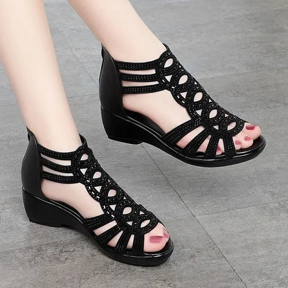 Women’s Wedge Sandals - Open Toe - Cut-Out Design - Back Zipper - Casual Comfort