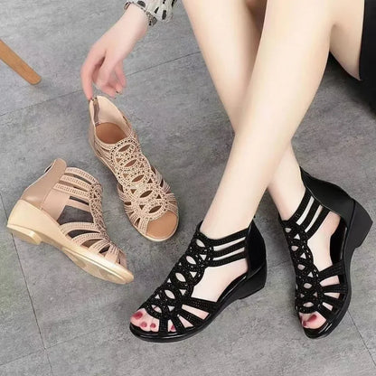 Women’s Wedge Sandals - Open Toe - Cut-Out Design - Back Zipper - Casual Comfort