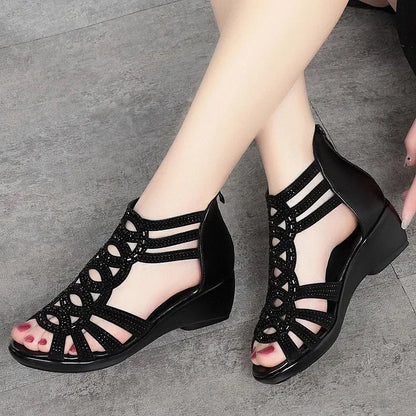Women’s Wedge Sandals - Open Toe - Cut-Out Design - Back Zipper - Casual Comfort