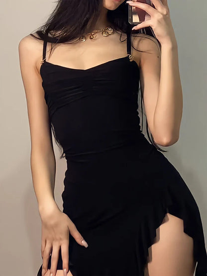 Women's Sleeveless Mini Dress - Fitted Bodice - Asymmetrical Hem - Elegant Evening Wear