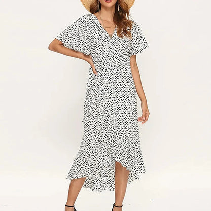 Women's Midi Dress - Polka Dot - V-Neck - Flutter Sleeves - Ruffled Hem - A-Line Fit