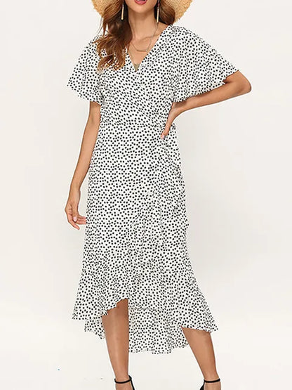 Women's Midi Dress - Polka Dot - V-Neck - Flutter Sleeves - Ruffled Hem - A-Line Fit
