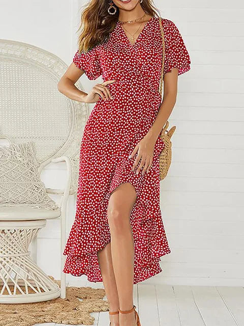 Women's Midi Dress - Polka Dot - V-Neck - Flutter Sleeves - Ruffled Hem - A-Line Fit