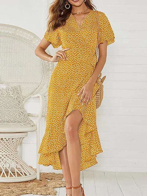 Women's Midi Dress - Polka Dot - V-Neck - Flutter Sleeves - Ruffled Hem - A-Line Fit