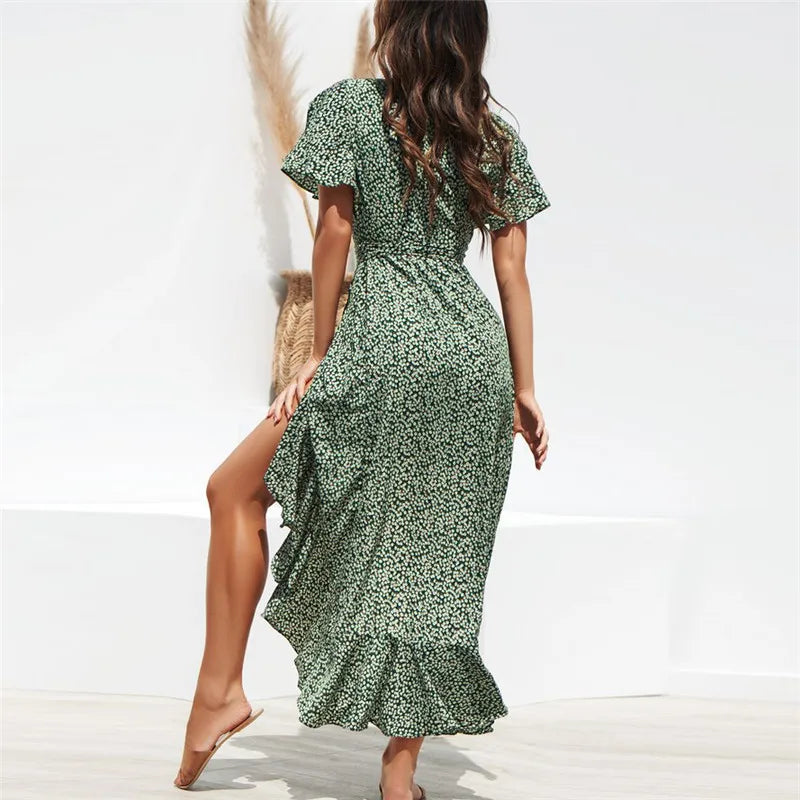 Women's Midi Dress - Polka Dot - V-Neck - Flutter Sleeves - Ruffled Hem - A-Line Fit