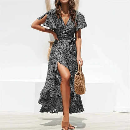 Women's Midi Dress - Polka Dot - V-Neck - Flutter Sleeves - Ruffled Hem - A-Line Fit