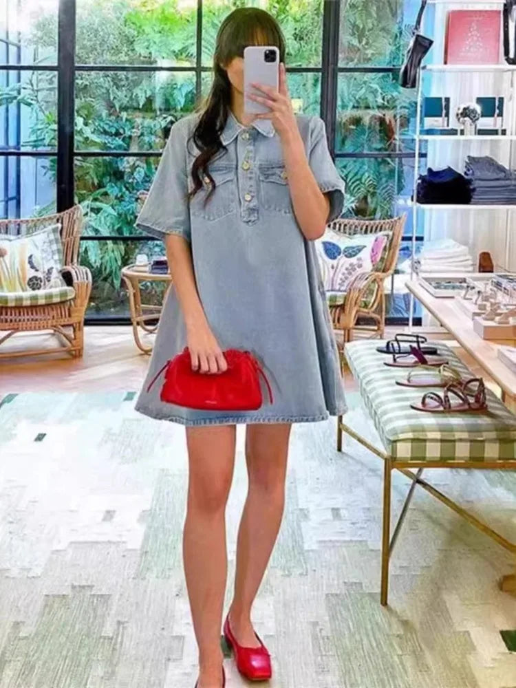 Relaxed Fit Button Down Denim Shirt Dress