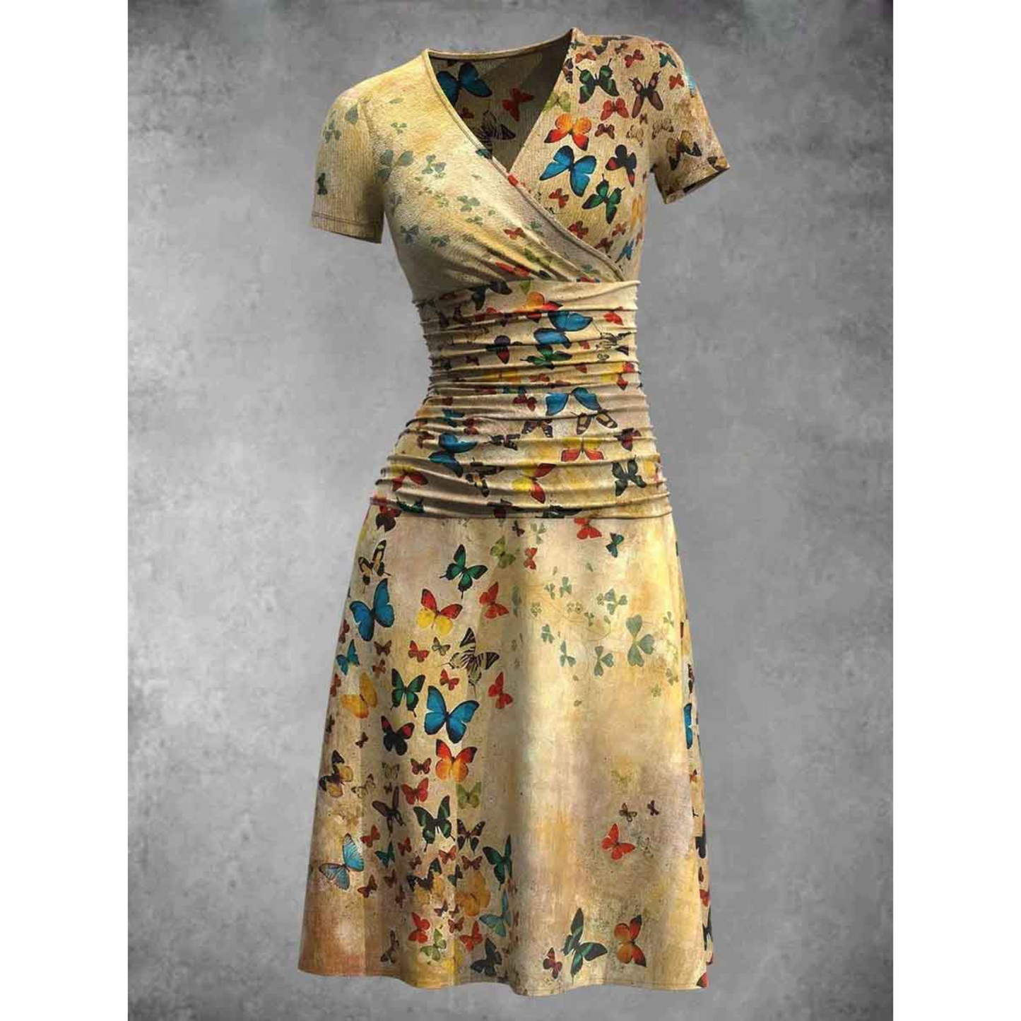 Women's V-Neck Dress - Short Sleeve - Ruched Waist - A-Line Skirt - Butterfly Print