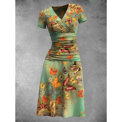 Women's V-Neck Dress - Short Sleeve - Ruched Waist - A-Line Skirt - Butterfly Print