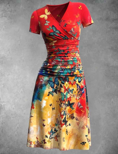 Women's V-Neck Dress - Short Sleeve - Ruched Waist - A-Line Skirt - Butterfly Print