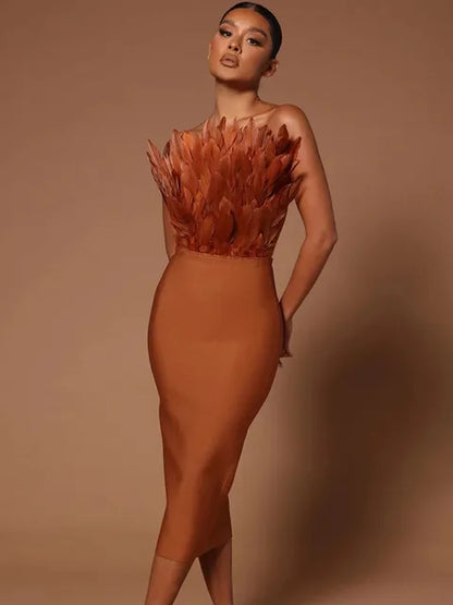 Women's Strapless Midi Dress - Feather Trim - Elegant Bodycon Formal Wear
