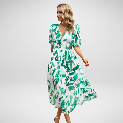 Women's Midi Dress - V-Neck - Puff Sleeve - Geometric Pattern - Flowy Silhouette