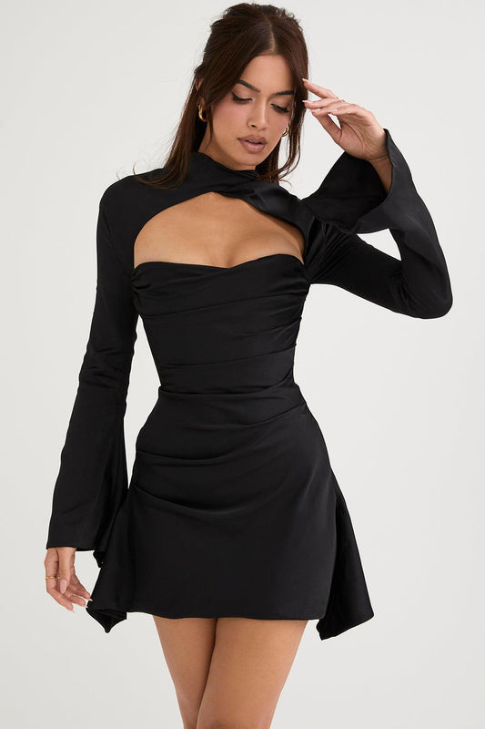 Satin Finish Fitted Long Sleeve Mini Dress