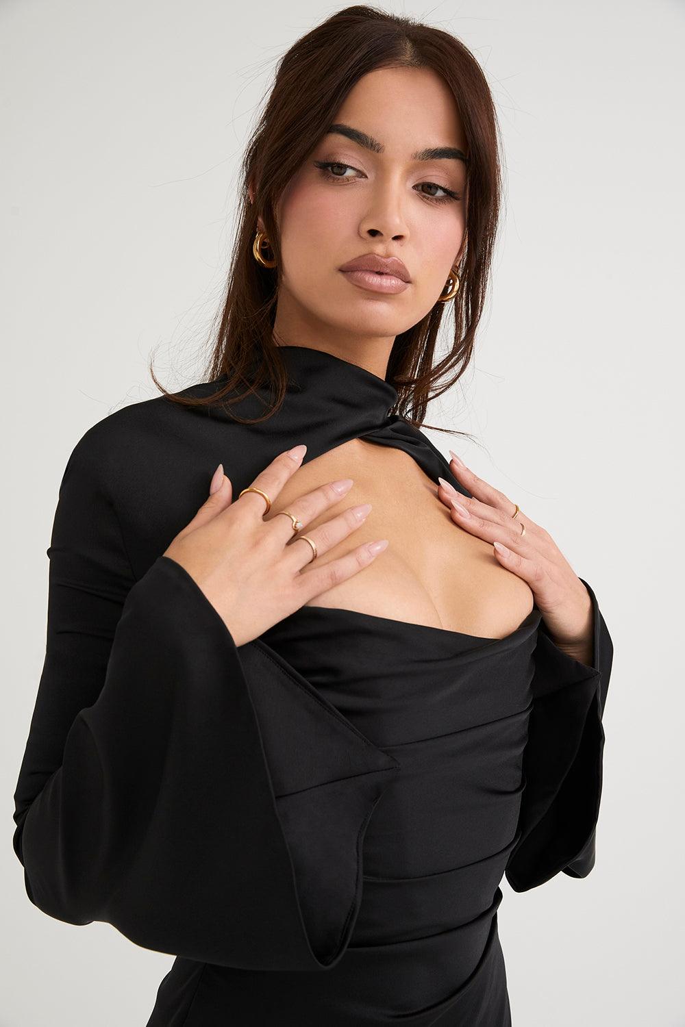 Satin Finish Fitted Long Sleeve Mini Dress
