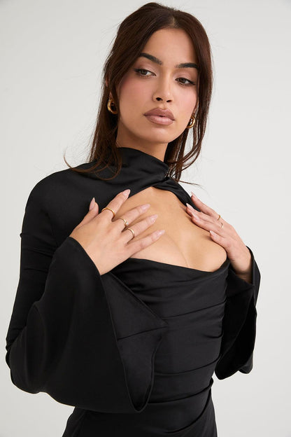 Women's Mini Dress - Satin Finish - Fitted Silhouette - Long Sleeve Cutout Design