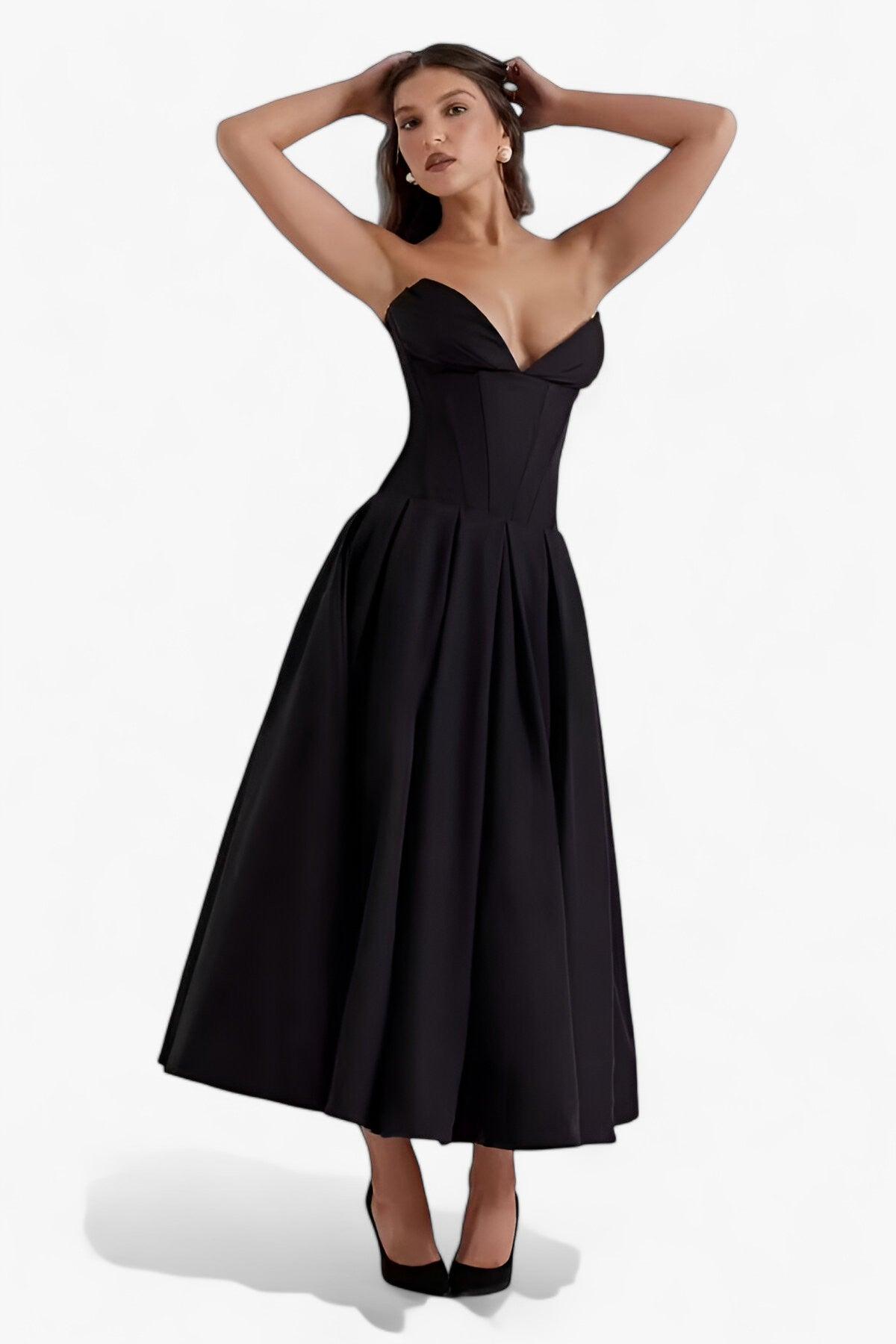Women's Strapless Midi Dress - Corset Bodice - Pleated Full Skirt - Elegant Formal Wear