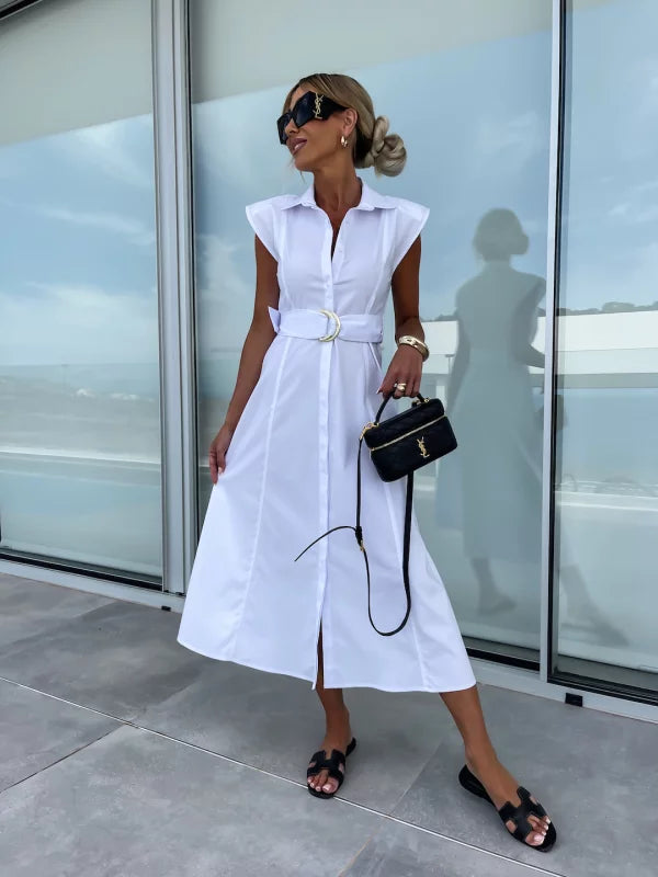 Women's Midi Dress - Tailored Fit - Collared Neckline - Cap Sleeves - A-Line Silhouette