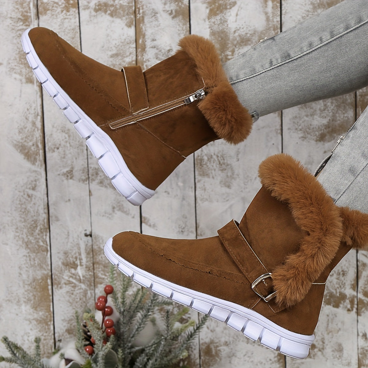 Women's snow boots with buckle and side zipper