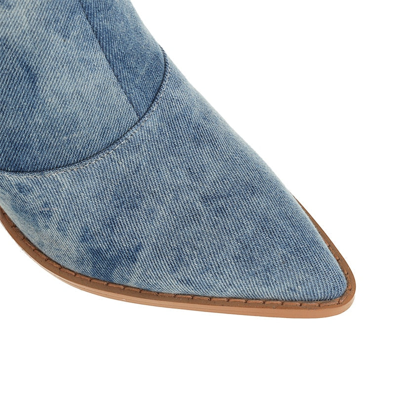 Women's niche slit pointed toe ultra high heel high tube denim boots