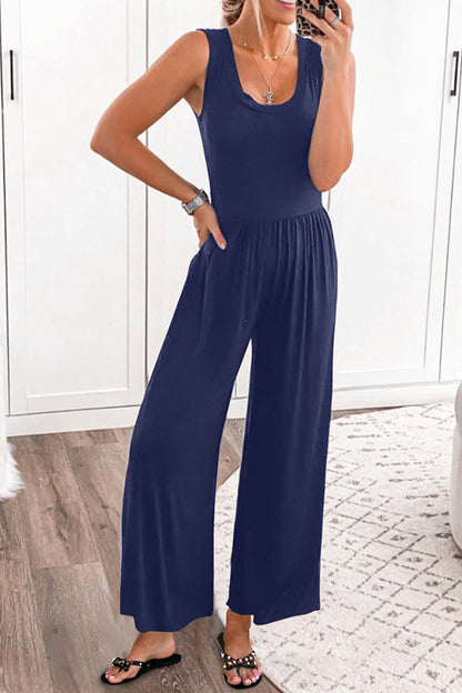 Women's Sleeveless Jumpsuit - Scoop Neck - Wide Leg - Flowy Lightweight Casual Wear