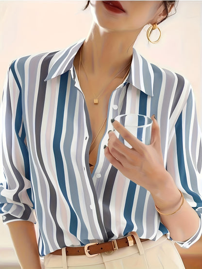 Women's Button-Down Blouse - Classic Collar - Vertical Striped - Long Sleeve