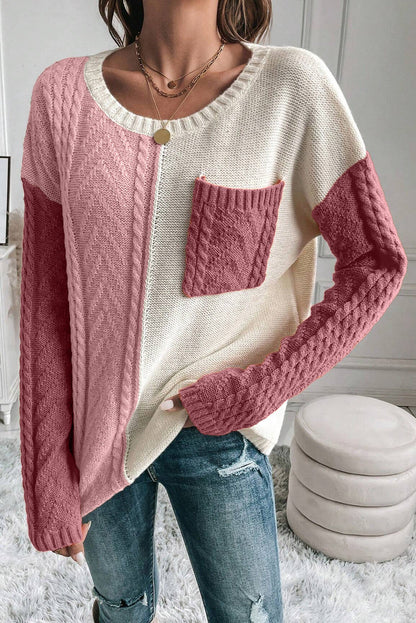 Women's casual patchwork pullover knitted sweater with pockets