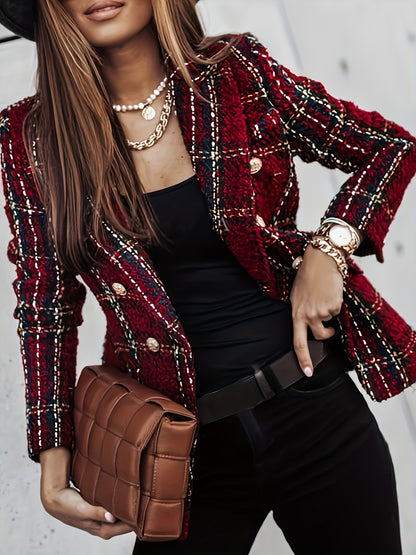 Plaid double-breasted long-sleeve blazer jacket for women