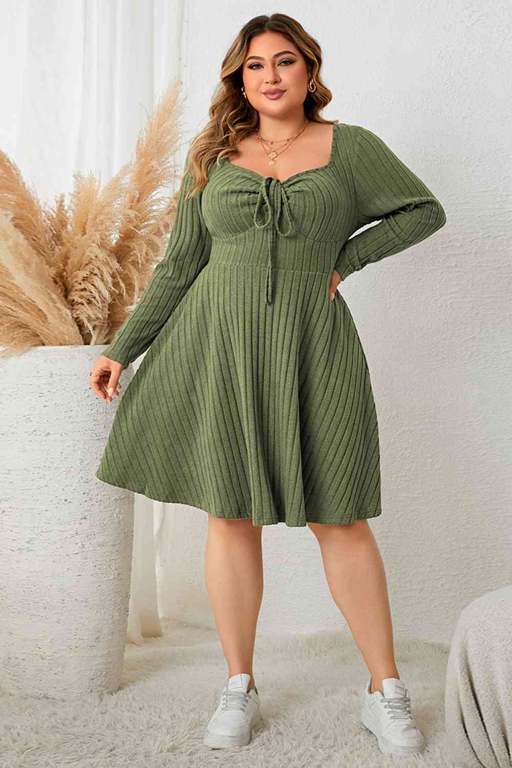 Women's Ribbed Knit Dress - Fit and Flare - Long Sleeve Square Neck Tie Front